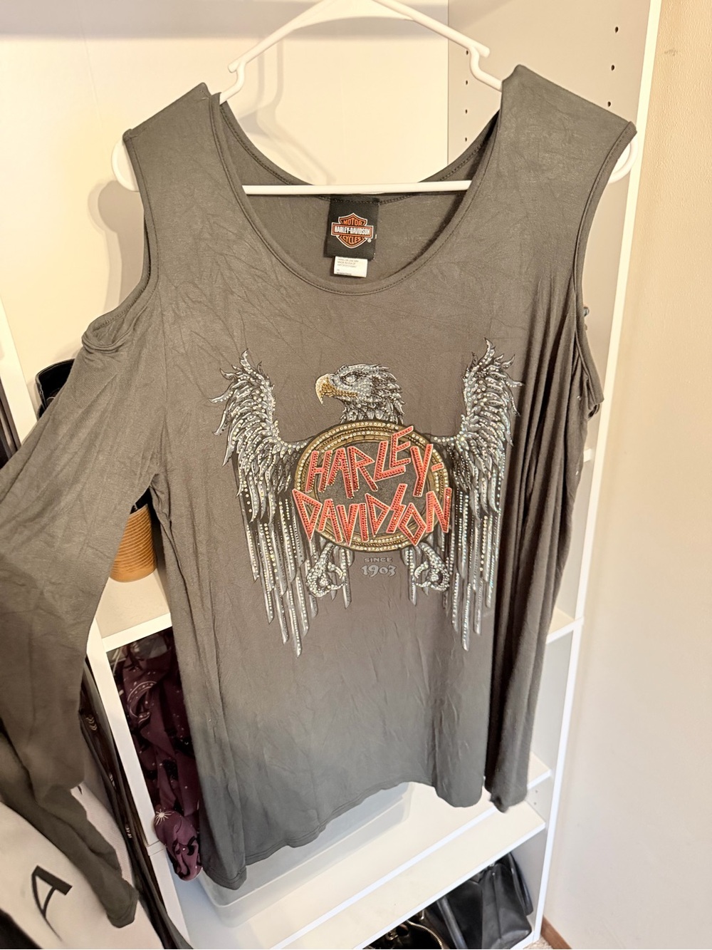 Harley-Davidson olive green/gray Eagle Logo Cold-Shoulder Long Sleeve Top